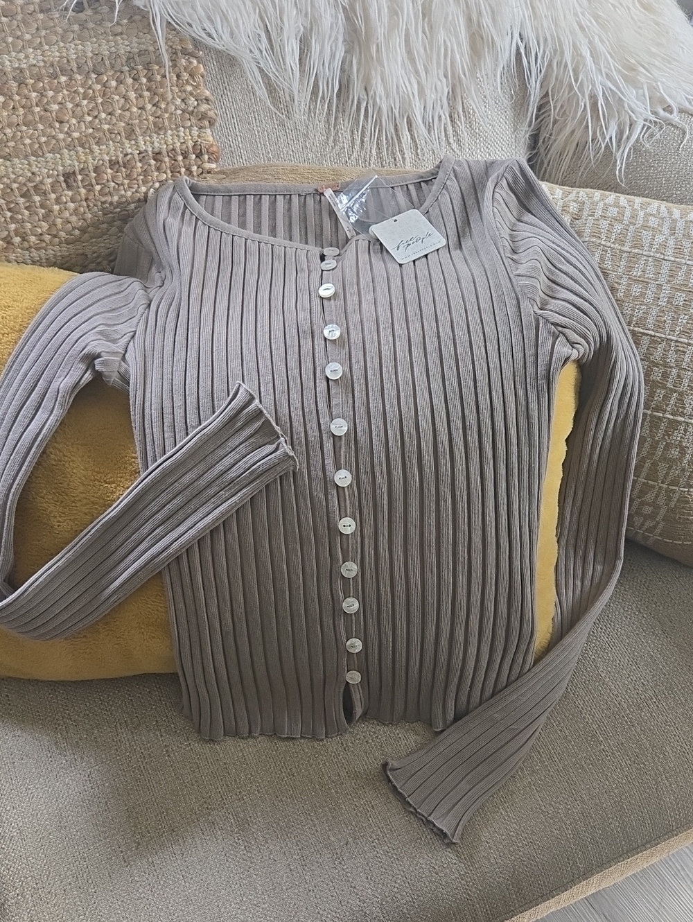 Free People Ribbed Button-Up Top in Taupe